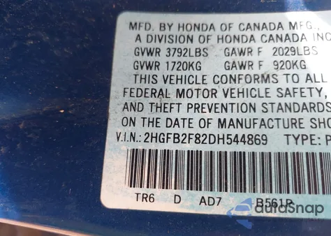 2013 Honda Civic Ex from USA, damaged, VIN 2HGFB2F82DH544869
